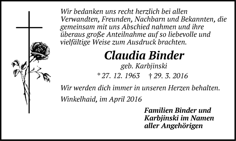  Traueranzeige für Claudia Binder vom 11.04.2016 aus Der Bote