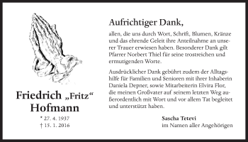 Traueranzeige von Friedrich Hofmann von Der Bote