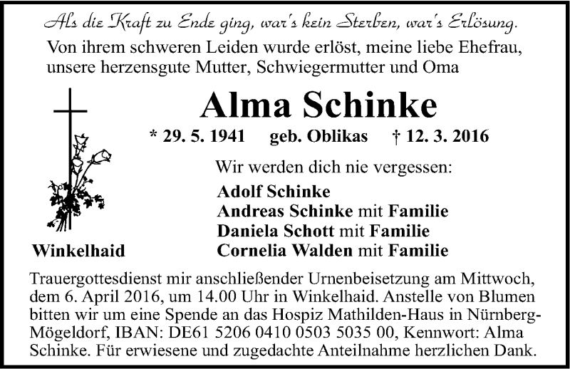  Traueranzeige für Alma Schinke vom 02.04.2016 aus Der Bote