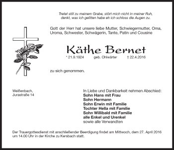 Traueranzeige von Käthe Bernet von Pegnitz-Zeitung