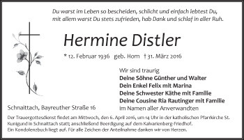 Traueranzeige von Hermine Distler von Pegnitz-Zeitung
