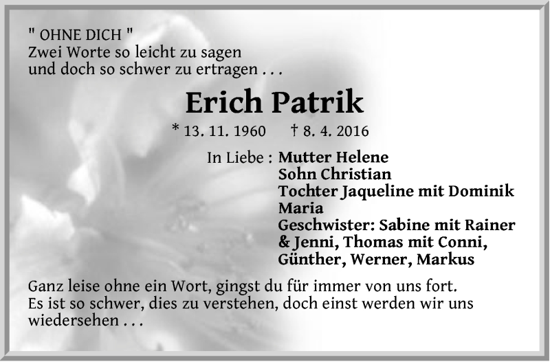  Traueranzeige für Erich Patrik vom 12.04.2016 aus Der Bote