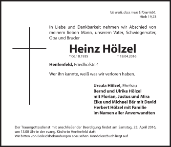 Traueranzeige von Heinz Hölzel von Hersbrucker Zeitung