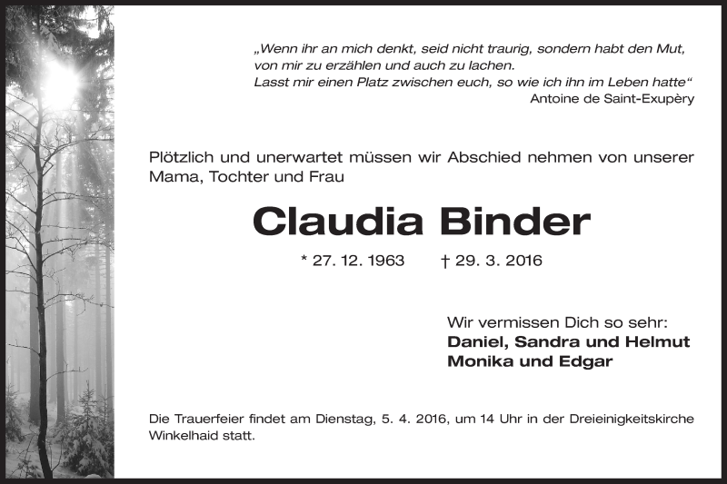  Traueranzeige für Claudia Binder vom 02.04.2016 aus Der Bote