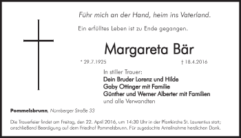 Traueranzeige von Margareta Bär von Hersbrucker Zeitung