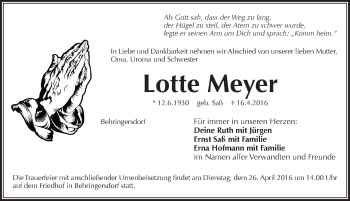 Traueranzeige von Lotte  Meyer von Pegnitz-Zeitung