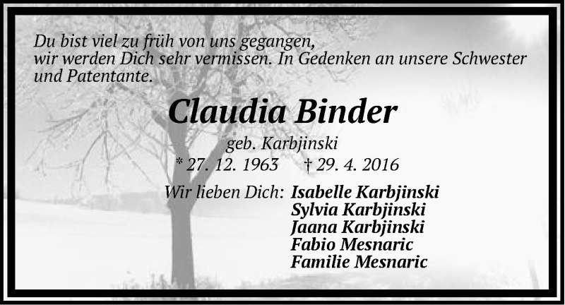  Traueranzeige für Claudia Binder vom 05.04.2016 aus Der Bote
