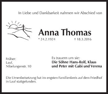 Traueranzeige von Anna Thomas von Pegnitz-Zeitung