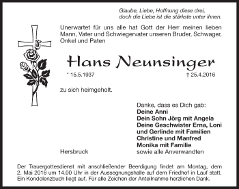 Traueranzeige von Hans Neunsinger von Pegnitz-Zeitung