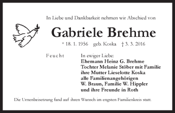 Traueranzeige von Gabriele Brehme von Der Bote