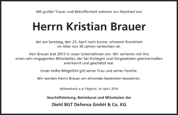 Traueranzeige von Kristian Brauer von Pegnitz-Zeitung