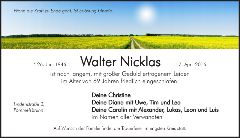  Traueranzeige für Walter Nicklas vom 09.04.2016 aus Pegnitz-Zeitung