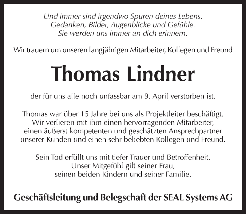  Traueranzeige für Thomas Lindner vom 13.04.2016 aus Pegnitz-Zeitung
