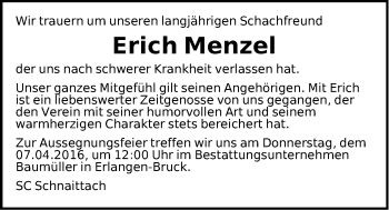 Traueranzeige von Erich Menzel von Pegnitz-Zeitung