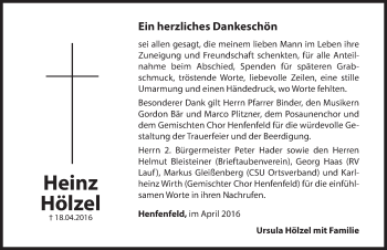 Traueranzeige von Heinz Hölzel von Hersbrucker Zeitung