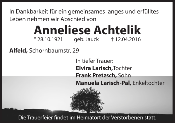 Traueranzeige von Anneliese Achtelik von Hersbrucker Zeitung