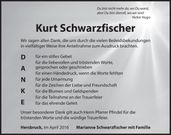 Traueranzeige von Kurt Schwarzfischer von Hersbrucker Zeitung