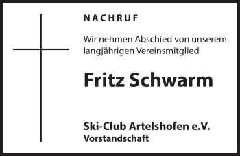 Traueranzeige von Fritz Schwarm von Hersbrucker Zeitung