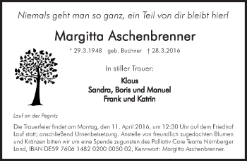 Traueranzeige von Margitta Aschenbrenner von Pegnitz-Zeitung