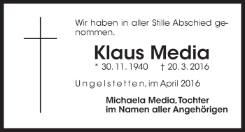 Traueranzeige von Klaus Media von Der Bote