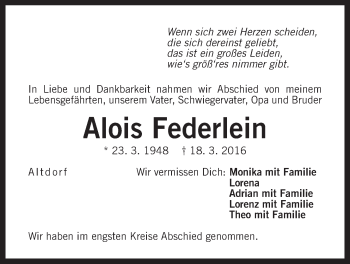 Traueranzeige von Alois Federlein von Der Bote