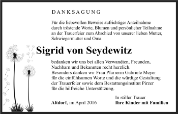 Traueranzeige von Sigrid von Seydewitz von Der Bote