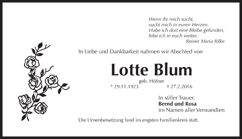  Traueranzeige für Lotte Blum vom 13.04.2016 aus Pegnitz-Zeitung