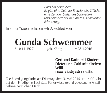 Traueranzeige von Gunda Schwemmer von Pegnitz-Zeitung