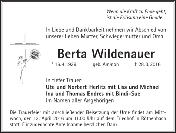 Traueranzeige von Berta Wildenauer von Pegnitz-Zeitung