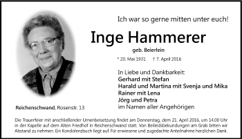 Traueranzeige von Inge Hammerer von Hersbrucker Zeitung