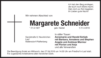 Traueranzeige von Margarete Schneider von Pegnitz-Zeitung
