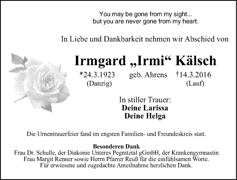  Traueranzeige für Irmgard Kälsch vom 02.04.2016 aus Pegnitz-Zeitung