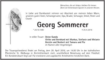 Traueranzeige von Georg Sommerer von Pegnitz-Zeitung