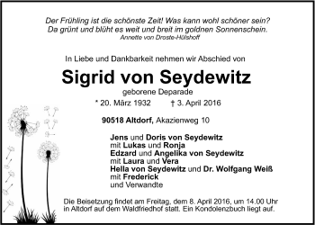 Traueranzeige von Sigrid von Seydewitz von Der Bote