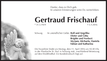 Traueranzeige von Gertraud Frischauf von Pegnitz-Zeitung
