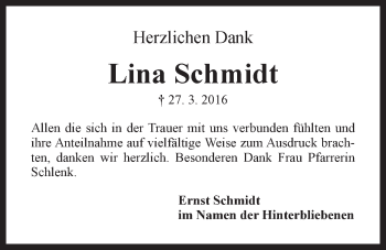 Traueranzeige von Lina Schmidt von Der Bote