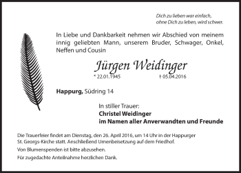 Traueranzeige von Jürgen Weidinger von Hersbrucker Zeitung