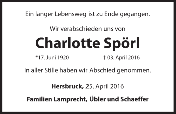 Traueranzeige von Charlotte Spörl von Hersbrucker Zeitung