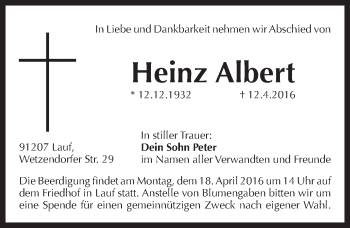 Traueranzeige von Heinz Albert von Pegnitz-Zeitung