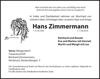 Traueranzeige von Hans Zimmermann von Hersbrucker Zeitung