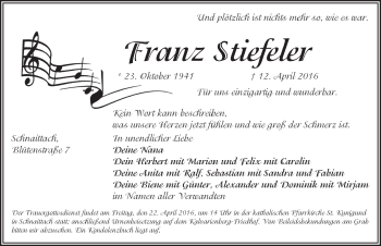 Traueranzeige von Franz Stiefeler von Pegnitz-Zeitung