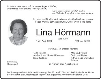 Traueranzeige von Lina Hörmann von Pegnitz-Zeitung