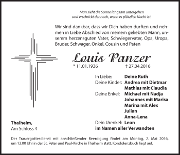 Traueranzeige von Louis Panzer von Hersbrucker Zeitung