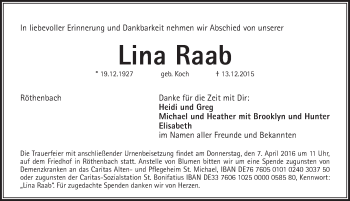 Traueranzeige von Lina Raab von Pegnitz-Zeitung