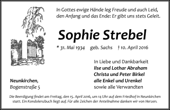 Traueranzeige von Sophie Strebel von Pegnitz-Zeitung