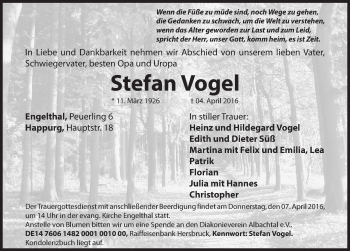 Traueranzeige von Stefan Vogel von Hersbrucker Zeitung