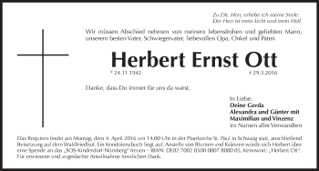 Traueranzeige von Herbert Ernst Ott von Pegnitz-Zeitung