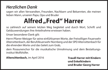Traueranzeige von Alfred Harrer von Hersbrucker Zeitung
