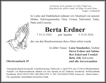 Traueranzeige von Berta Erdner von Hersbrucker Zeitung