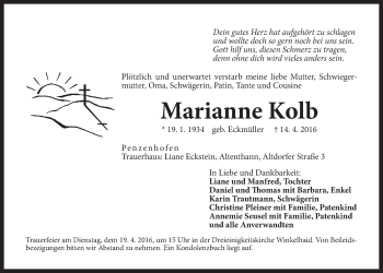 Traueranzeige von Marianne Kolb von Der Bote